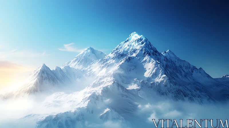 Digital painting of sunlit alpine summit with aerial depth layering.