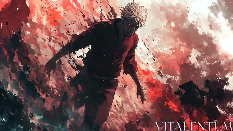 Crimson storm walker strides through exploding painted chaos.