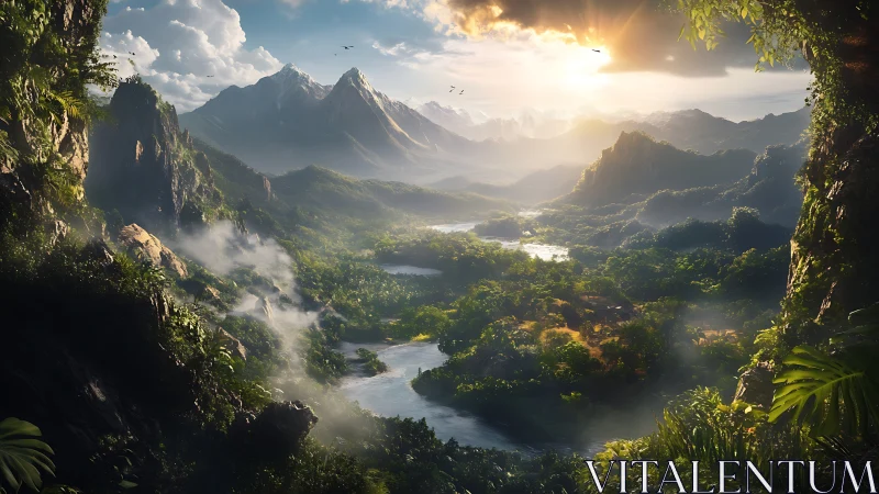 Sunlit jungle valley with misty river and mountainscape.