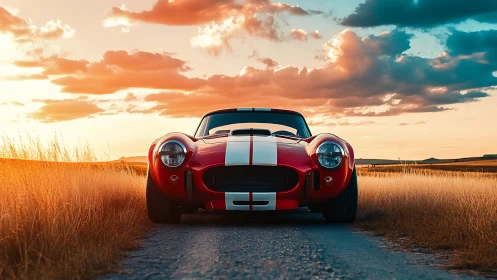 Red striped sports car on rural road at sunset horizon.