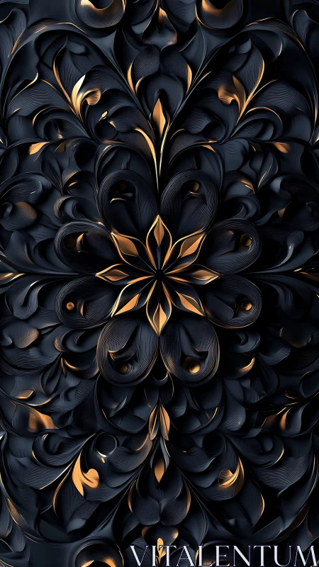 Dark floral relief sculpture shows glowing gold leaf veins