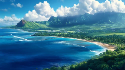 Tropical coastline curves below towering emerald mountains.