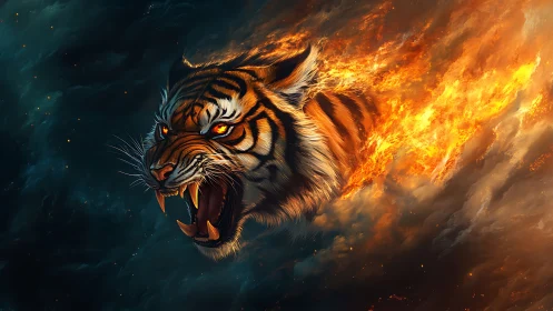 Inferno tiger comet roaring through storm forged skies.