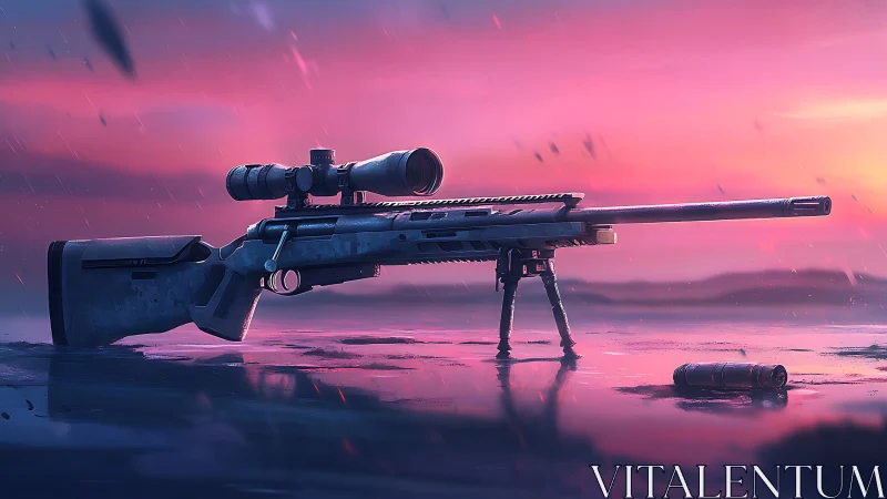 Bolt-Action Sniper Rifle with Tactical Scope at Sunset