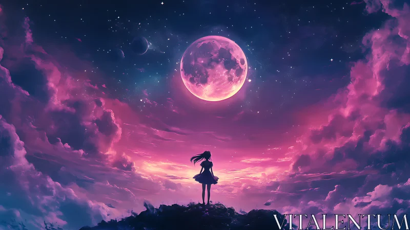 Girl in silhouette gazes at luminous moon in nebula sky
