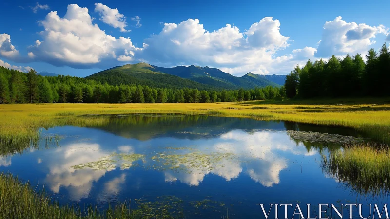 Alpine wetland lake reflects cloud-laden sky in vivid detail