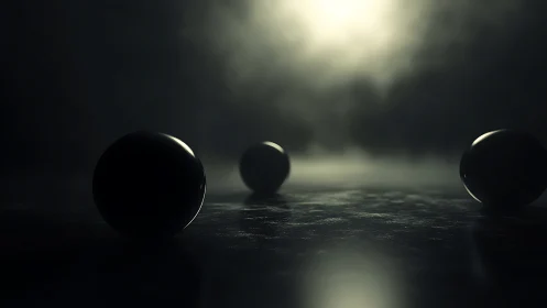 Three reflective spheres rest on a dark surface under diffuse light