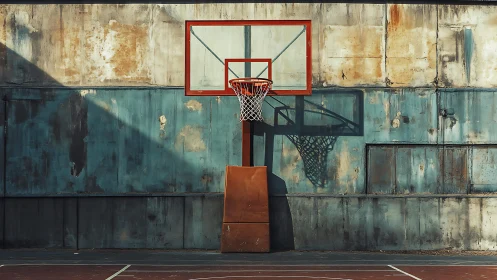 Weathered urban hoop waiting for one more pickup game.