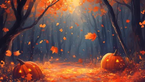 Autumn forest path with illuminated jack-o-lanterns and falling leaves