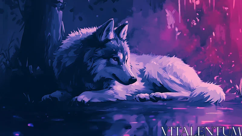 Resting wolf under neon forest glow reflects in water