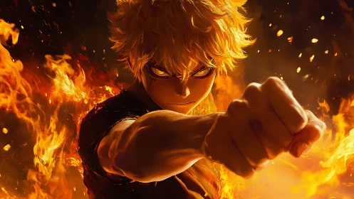 Fiery anime hero punches forward with blazing resolve
