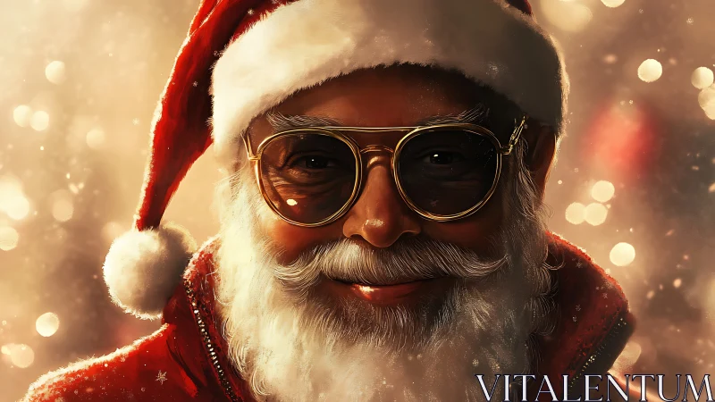 Modern Santa portrait with golden bokeh and warm lighting.
