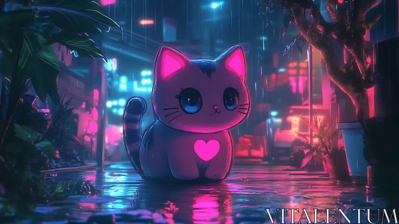 Neon cyberpunk cat with glowing heart in rainy alleyway.