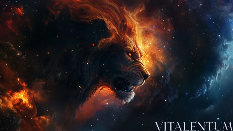 Starlit cosmic lion roaring through swirling nebulae.