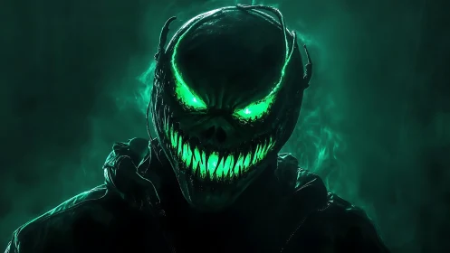 Glowing green demon grins menacingly in swirling toxic fog