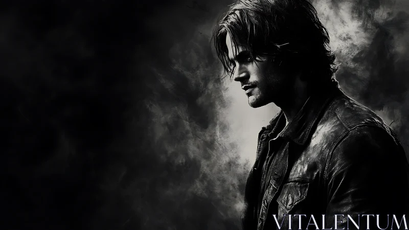 Brooding leather‑clad man in moody monochrome portrait.