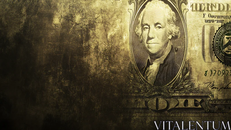 Grunge gold-toned dollar portrait glows against dark texture.