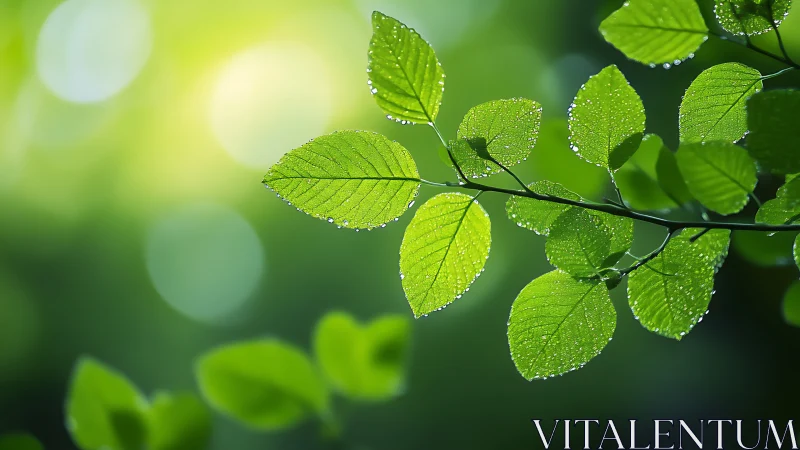 Fresh green leaves with morning dew drops in soft sunlight, nature photography.