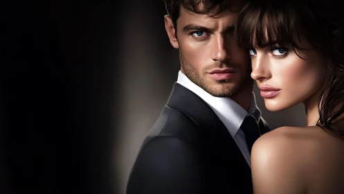 Formal man and woman in close portrait on dark background.