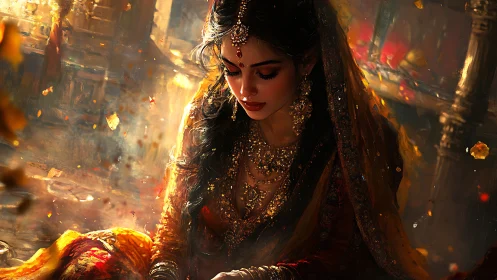 Golden-lit bridal portrait renders jewel-encrusted serenity