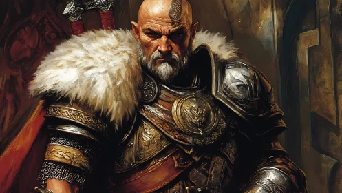 Armored warrior portrait in ornate fur-trimmed battle gear.