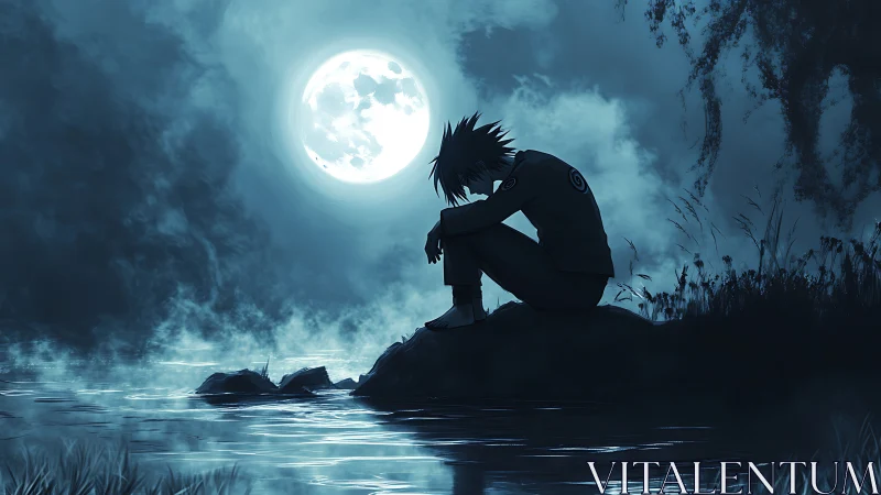 Moonlit loner broods beside silver water in drifting mist.