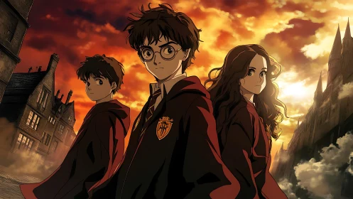 Anime-style trio of young wizards under a blazing sky.