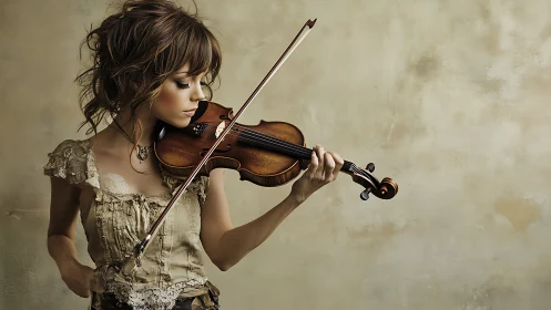 Young woman playing violin against warm textured wall.