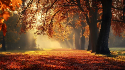 Golden autumn path glowing softly through quiet trees.