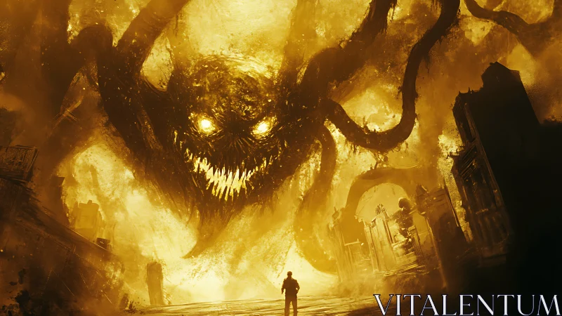 Colossal infernal entity looming over burning city ruins.