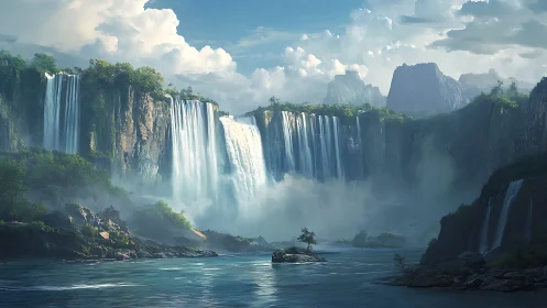 Cascading waterfalls in misty mountain valley paradise.