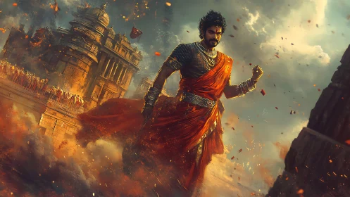 Warrior in red robe walks through smoke near burning temple