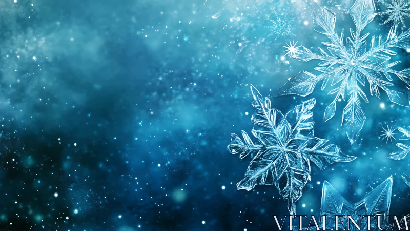 Ice crystal snowflakes float over blue winter background