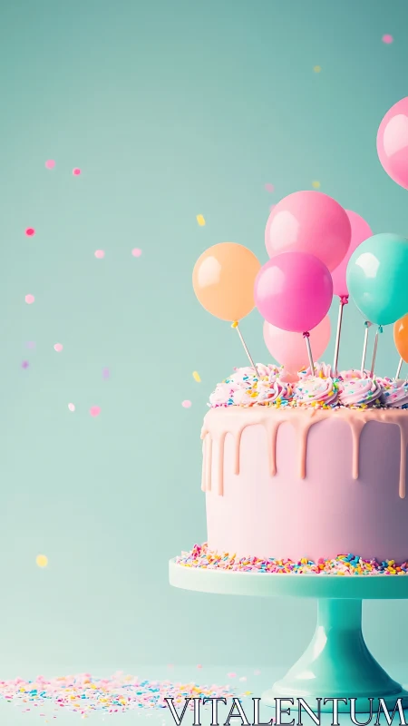 Layered Birthday Cake with Pastel Balloons and Gradient Backdrop.