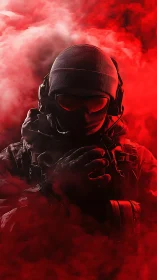 Tactical soldier stands in red smoke with combat headset ready