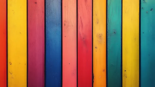 Vertical rainbow wooden planks create bold striped pattern.