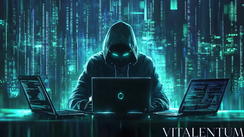 Glowing hooded hacker studies code in a neon digital storm