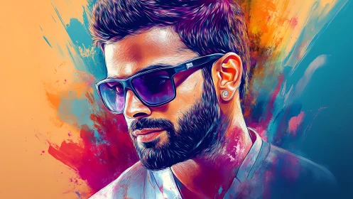 Digital painting portrait with neon gradient splash background.
