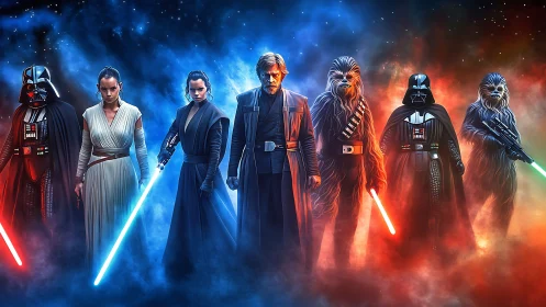 Symmetric sci‑fantasy lineup in chromatic nebular haze.