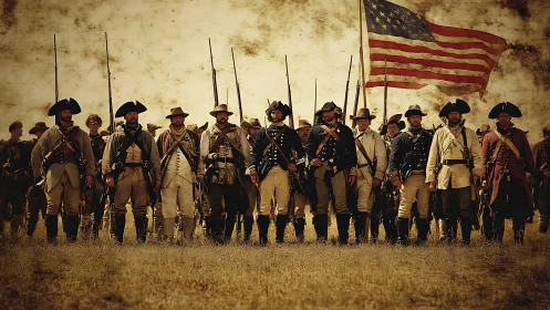 Colonial infantry line with muskets and early US flag raised high.