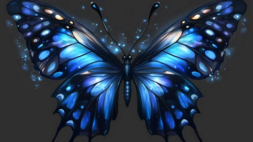 Blue bioluminescent butterfly illustration on dark field.