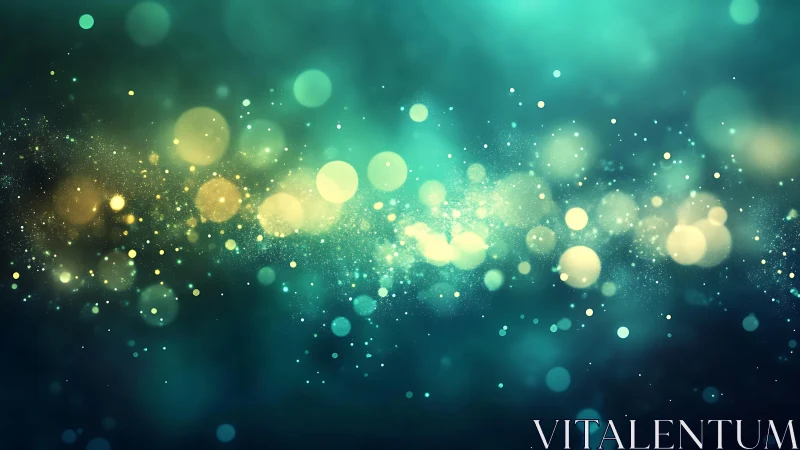 Dreamy teal and gold bokeh lights abstract digital art background.