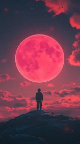 Silhouetted figure on ridge under oversized neon magenta moon