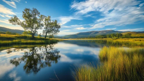 Serene mountain lake reflection under expansive summer sky