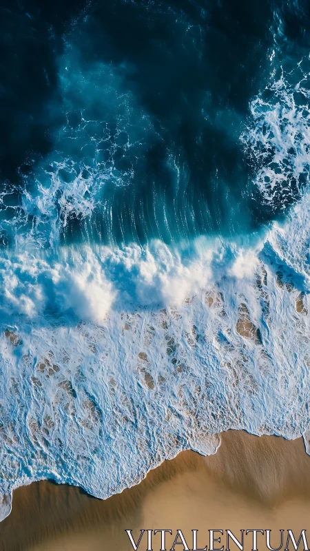 Aerial shoreline study with dynamic foamy wave structure.