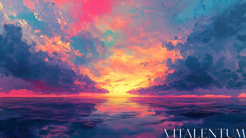 Digitally rendered seascape with saturated sunset sky.