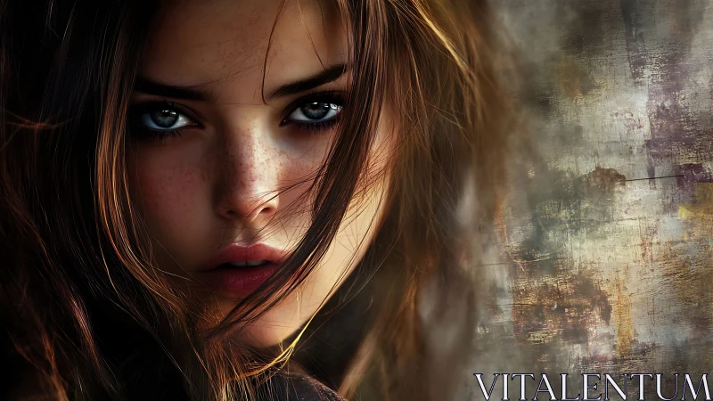 Storm-eyed muse against a weathered urban dreamscape.