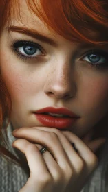 Intense blue eyed portrait captures freckled redhead gaze