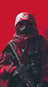 Crimson-clad tactical guardian stands ready against danger