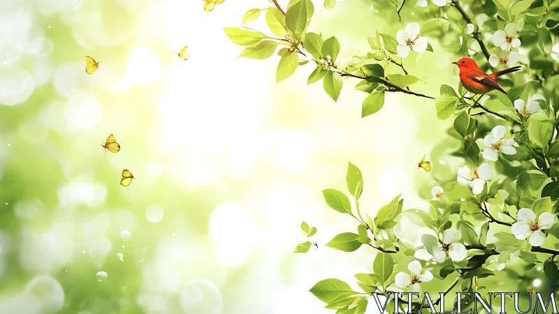 Scarlet songbird rests among blooming spring branches.